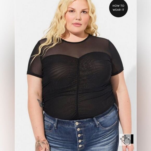 Torrid Stretch Mesh Crew Neck Ruched Top - Picture 1 of 3